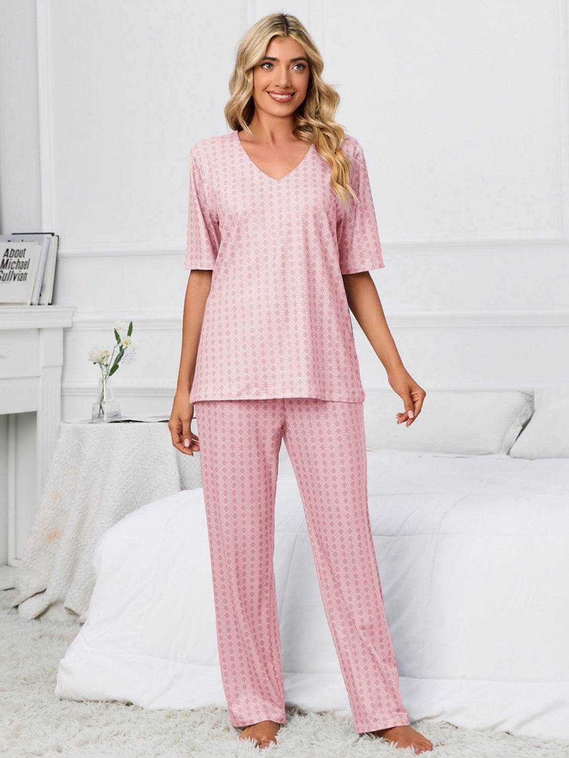 Printed V-Neck Top and Pants Lounge Set - DaTrendStore.Com