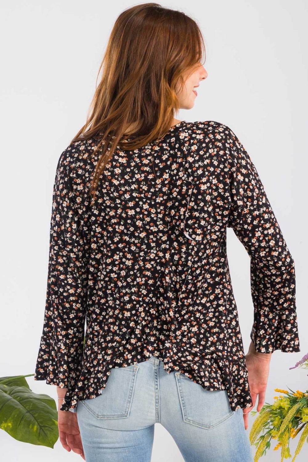 Celeste Full Size Floral Ruffle Detail Top - DaTrendStore.Com