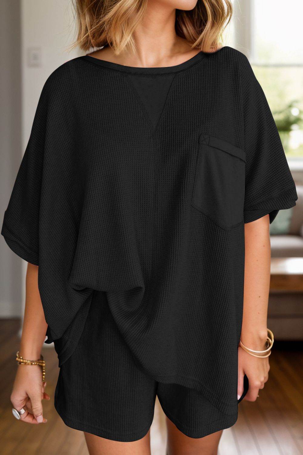 Waffle-Knit Half Sleeve Top and Shorts Set - DaTrendStore.Com