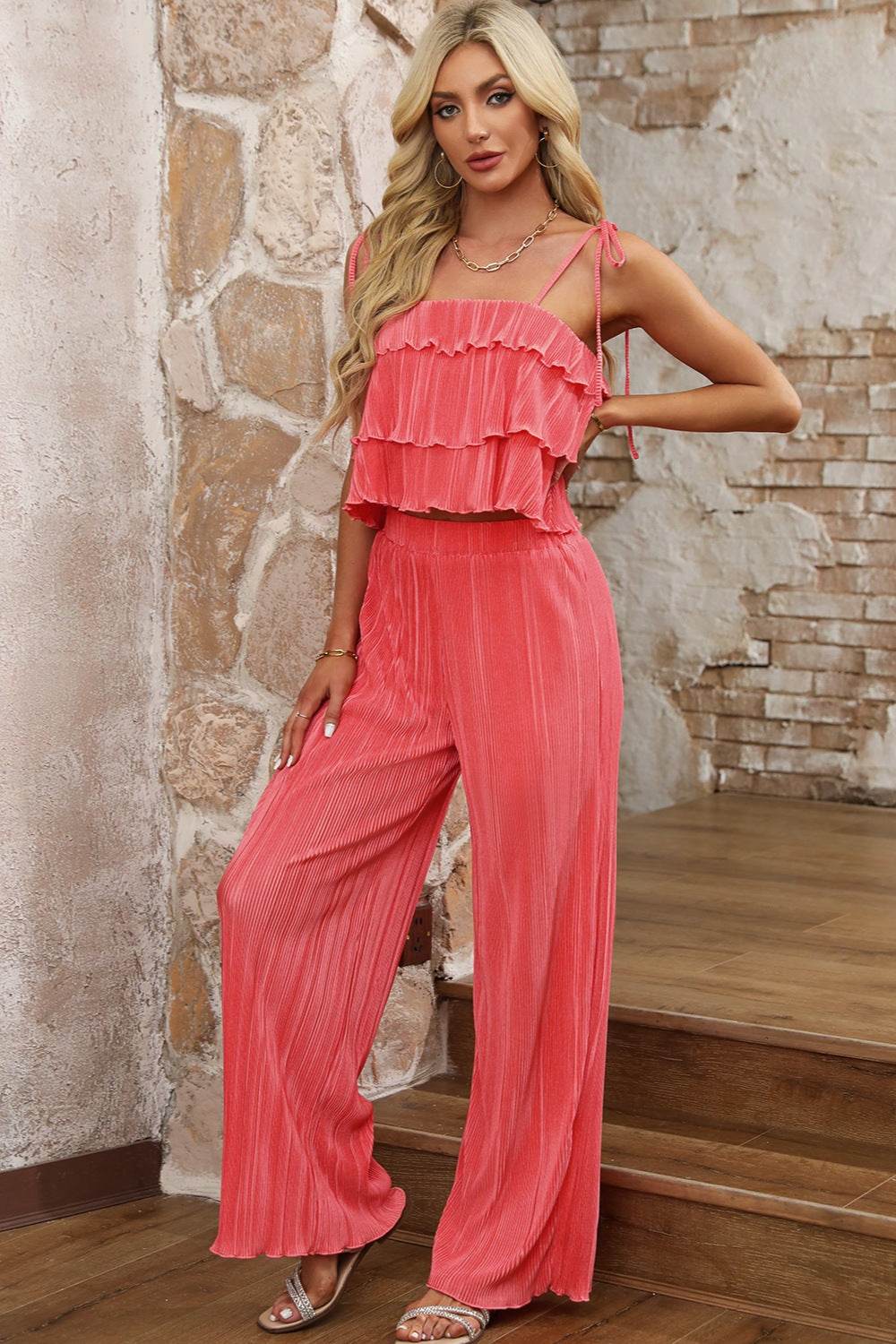 Layered Tie Shoulder Top and Wide Leg Pants Set - DaTrendStore.Com