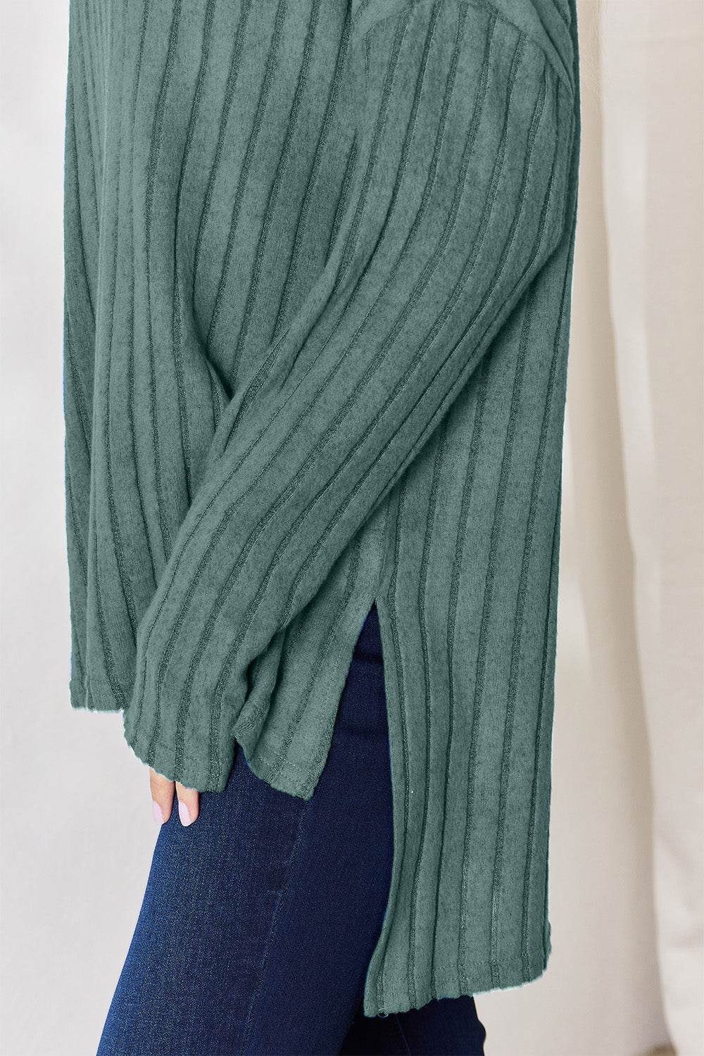 Basic Bae Full Size Ribbed Half Button Long Sleeve High-Low T-Shirt - DaTrendStore.Com