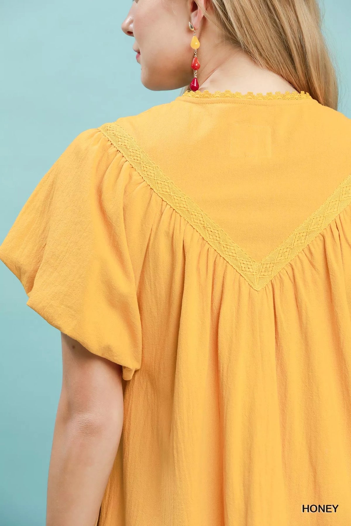 Umgee Flutter Sleeve Tassel Tie Ruffle Hem Mini Dress - Honey