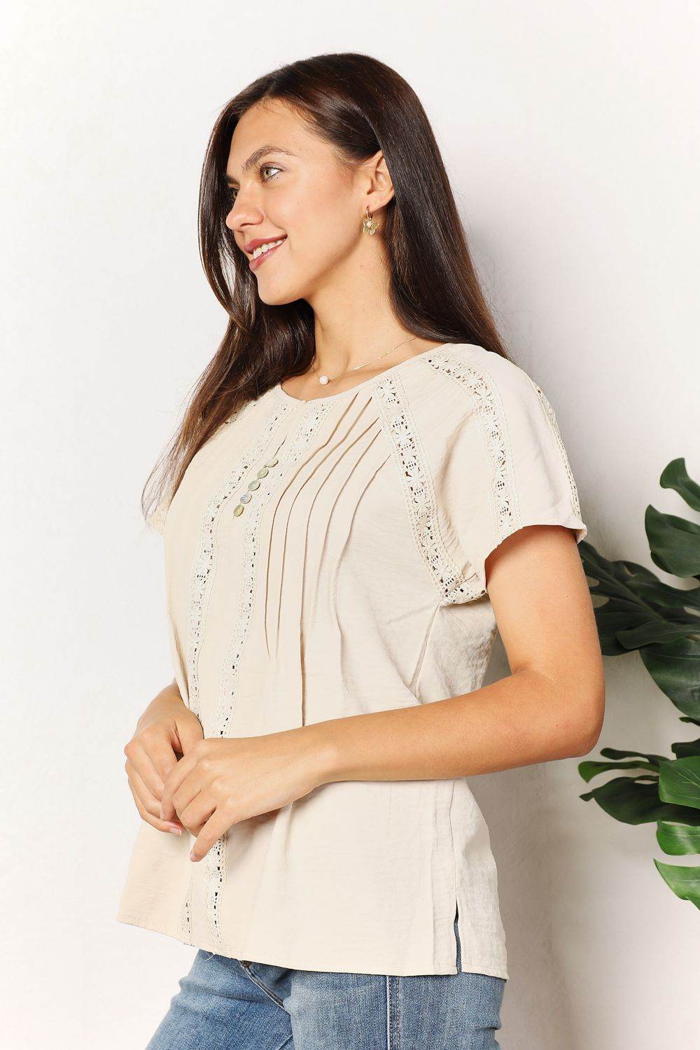 Double Take Crochet Buttoned Short Sleeves Top - DaTrendStore.Com