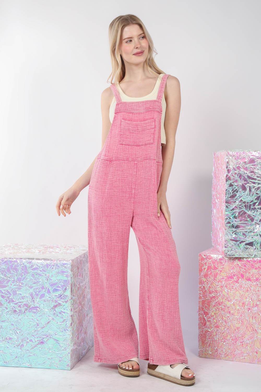 VERY J Texture Washed Wide Leg Overalls - DaTrendStore.Com