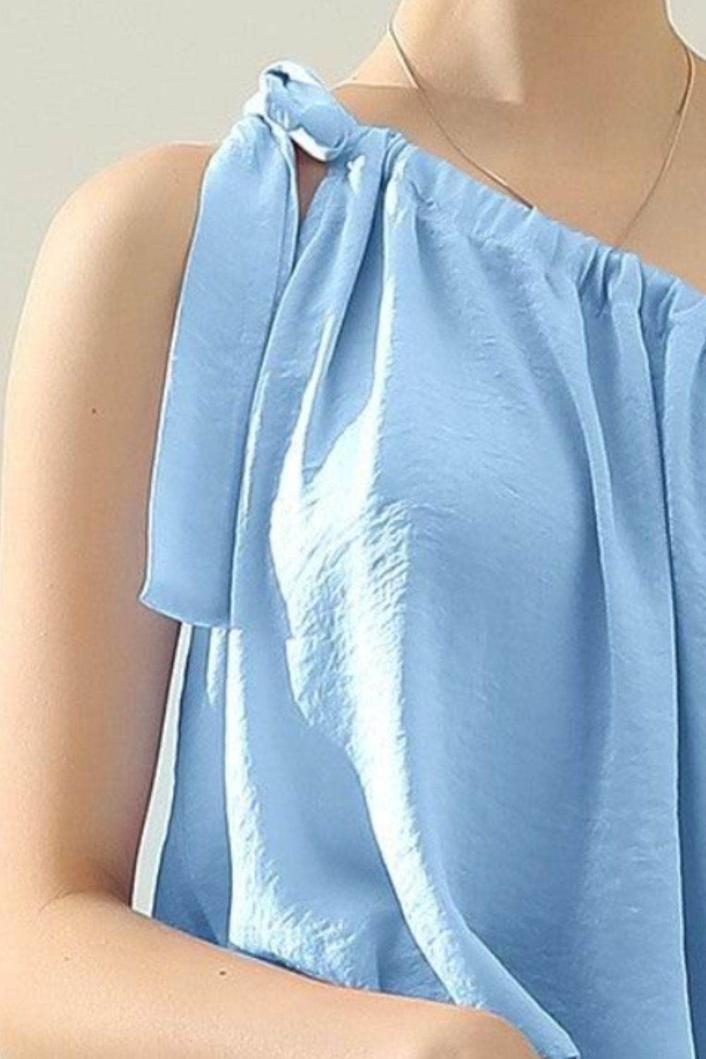 Ninexis One Shoulder Bow Tie Strap Satin Silk Top - DaTrendStore.Com