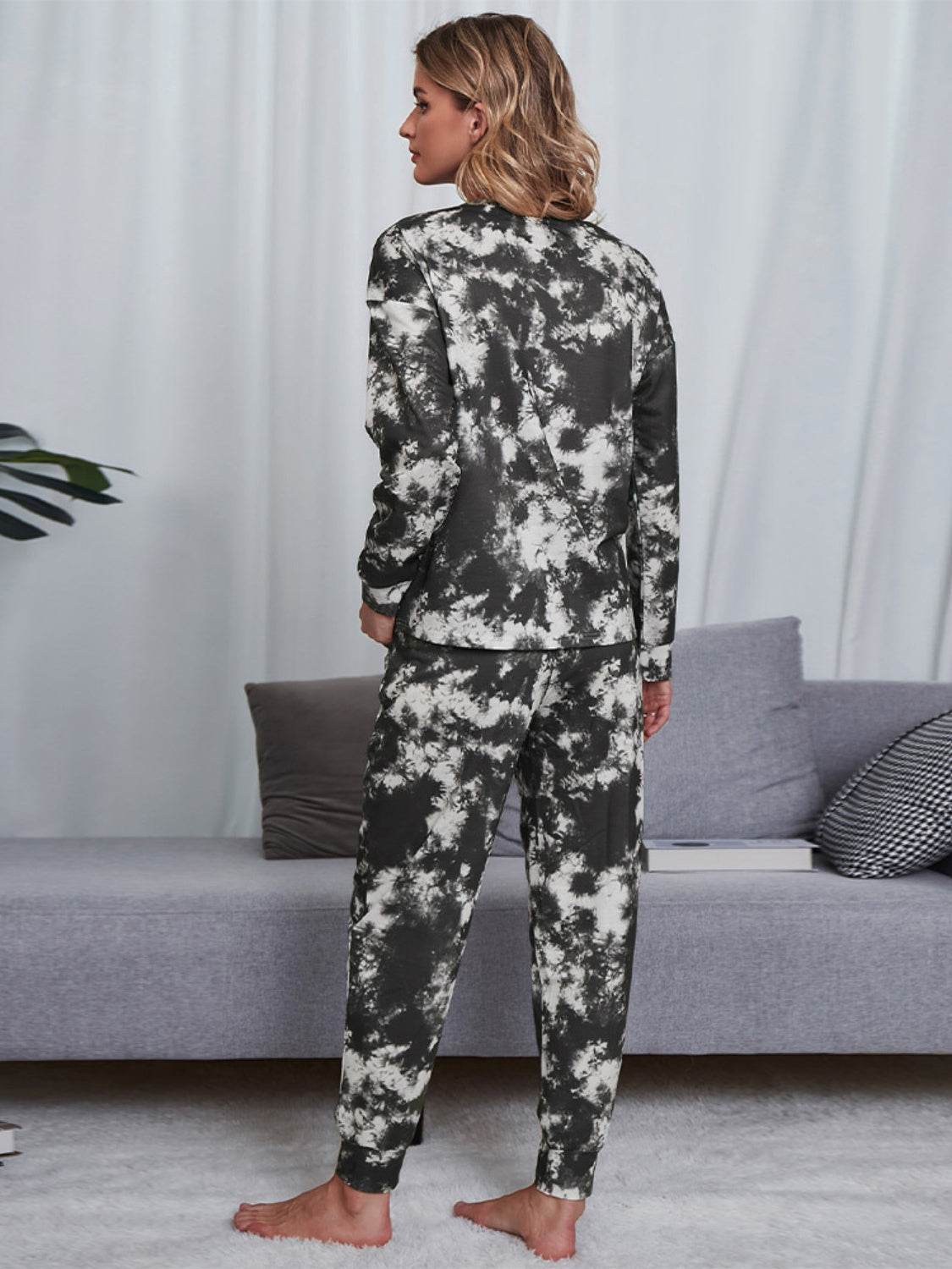 Shiny Tie-Dye Round Neck Top and Pants Lounge Set - DaTrendStore.Com