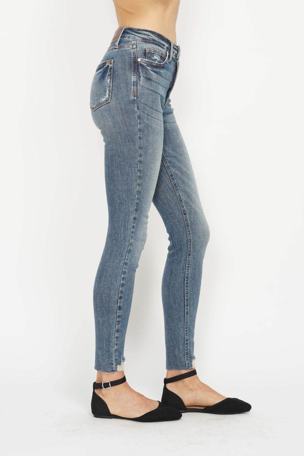 Judy Blue Full Size Tummy Control Vintage Wash Hem Destroy Skinny Jeans - DaTrendStore.Com