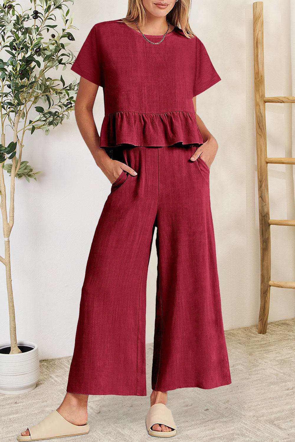 Peplum Round Neck Short Sleeve Top and Pants Set - DaTrendStore.Com
