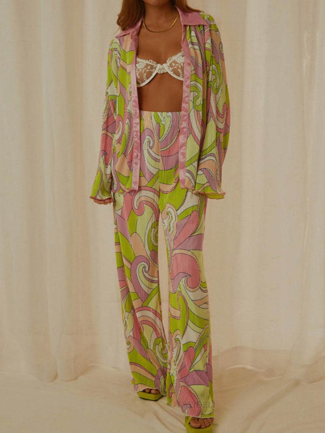 Printed Collared Neck Long Sleeve Top and Pants Lounge Set - DaTrendStore.Com