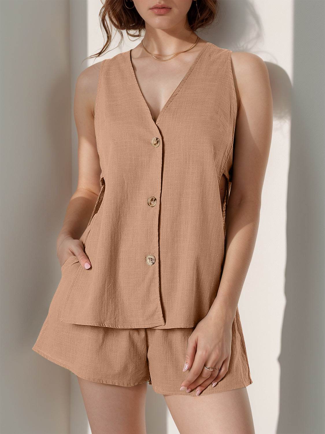 Full Size Button Up Top and Shorts Set - DaTrendStore.Com
