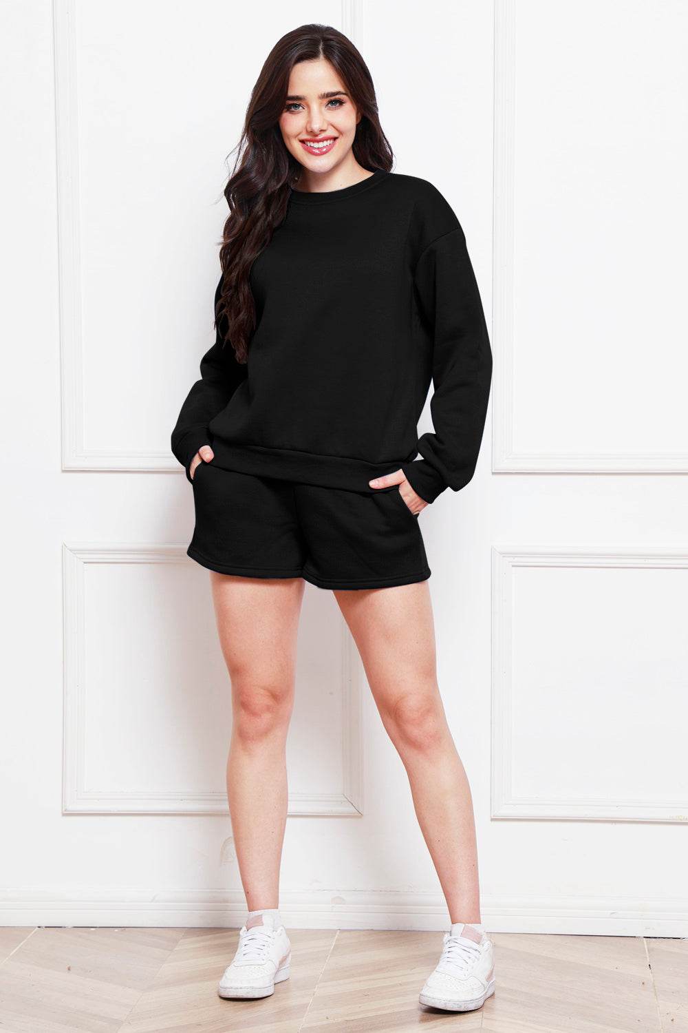 Round Neck Long Sleeve Sweatshirt and Drawstring Shorts Set - DaTrendStore.Com