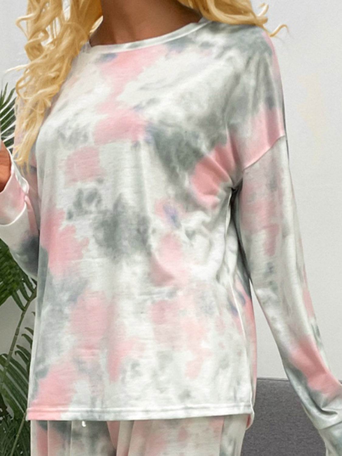 Shiny Tie-Dye Round Neck Top and Drawstring Pants Lounge Set - DaTrendStore.Com