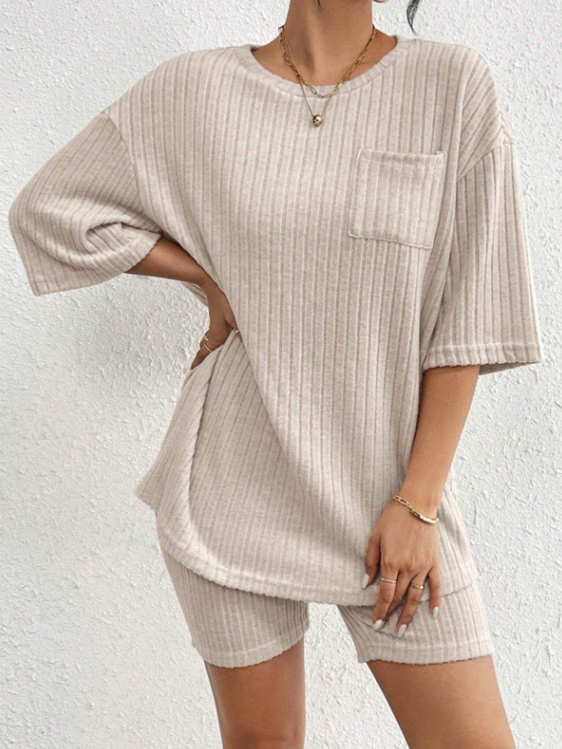 Ribbed Round Neck Top and Shorts Set - DaTrendStore.Com
