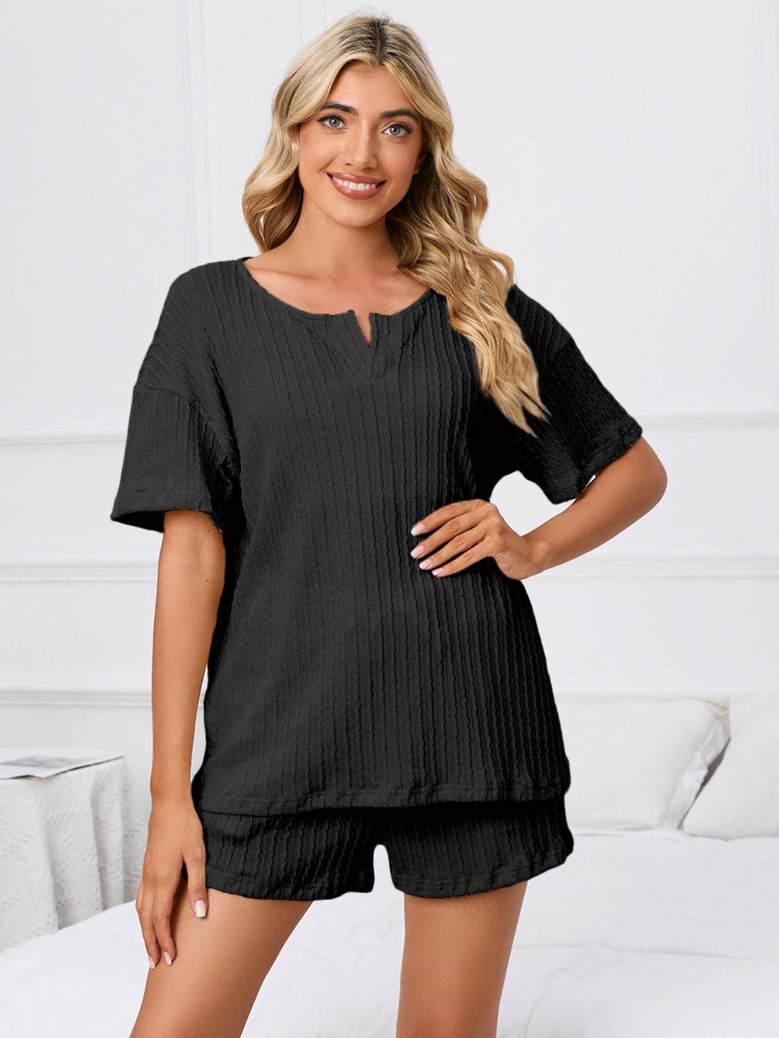 Notched Short Sleeve and Shorts Lounge Set - DaTrendStore.Com