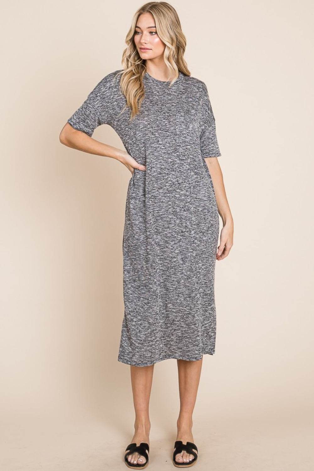 BOMBOM Slit Round Neck Half Sleeve Midi Dress - DaTrendStore.Com