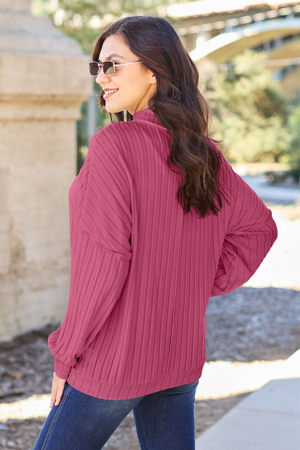 Basic Bae Full Size Ribbed Exposed Seam Mock Neck Knit Top - DaTrendStore.Com
