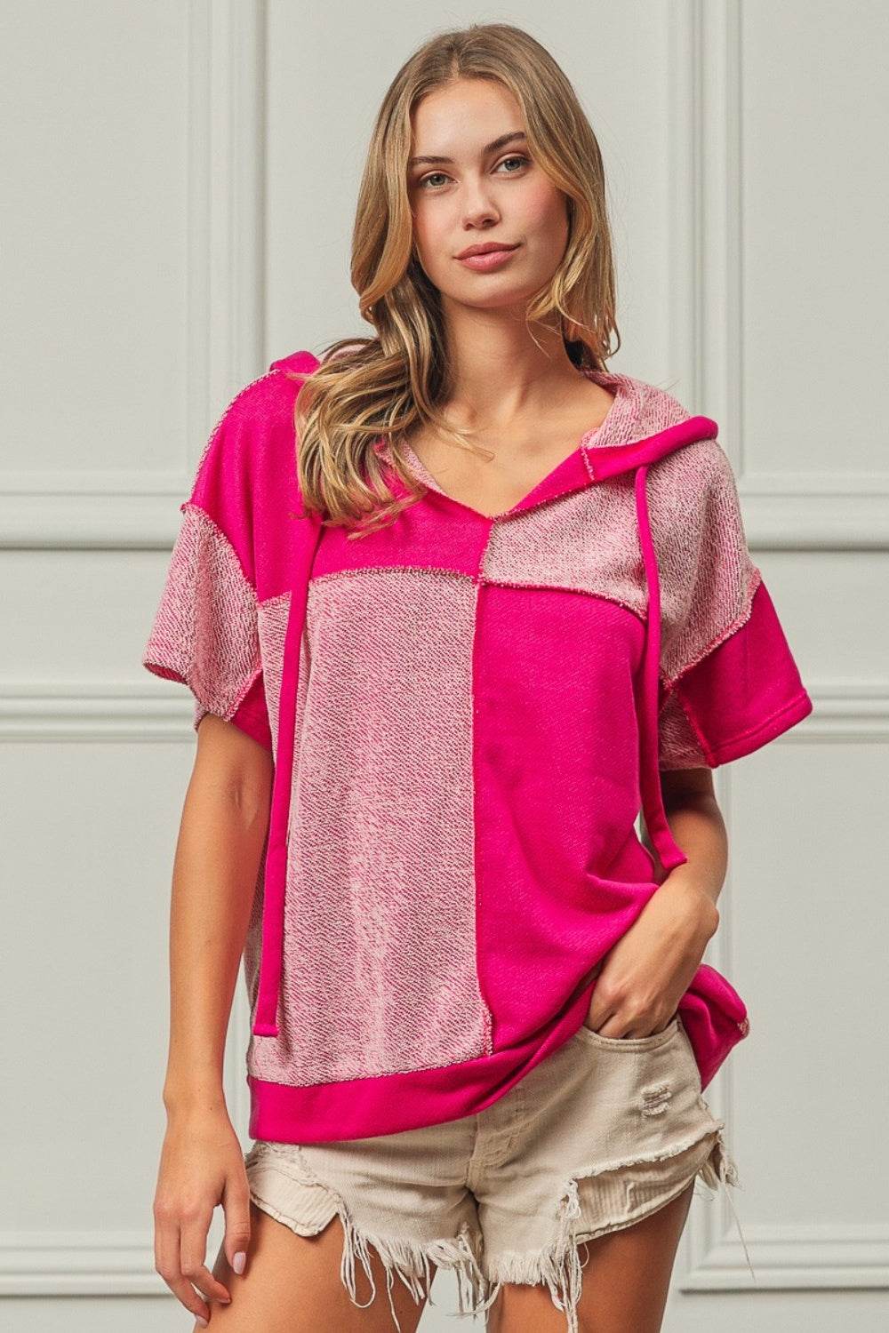 BiBi Color Block Exposed Seam Short Sleeve Hooded Top - DaTrendStore.Com