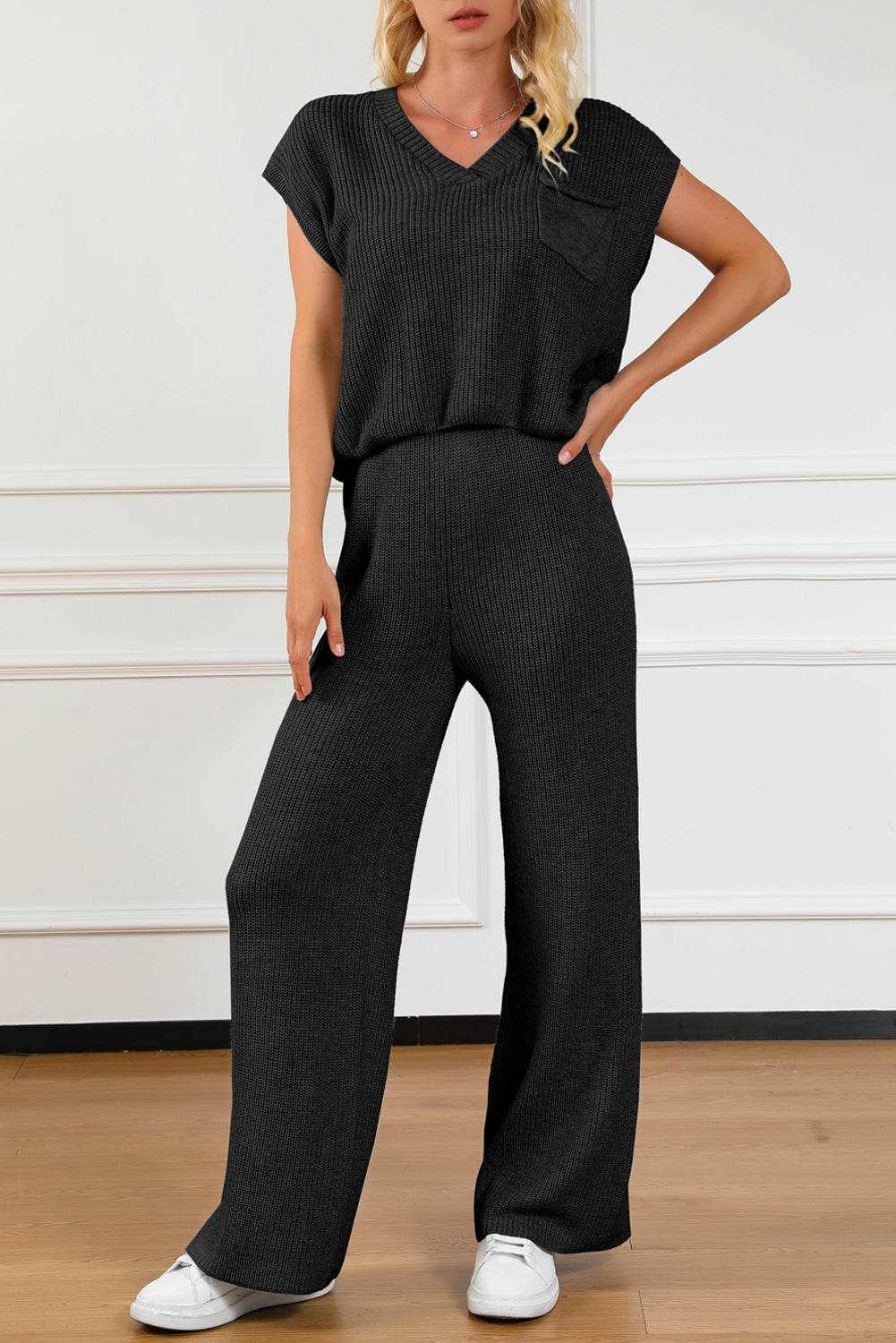 Pocketed V-Neck Top and Wide Leg Sweater Set - DaTrendStore.Com