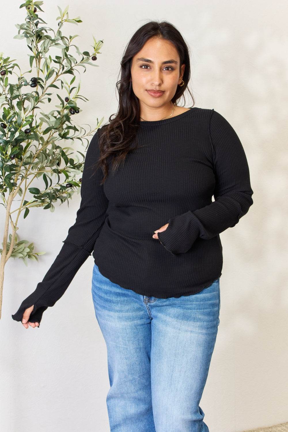 Culture Code Full Size Ribbed Round Neck Long Sleeve Top - DaTrendStore.Com