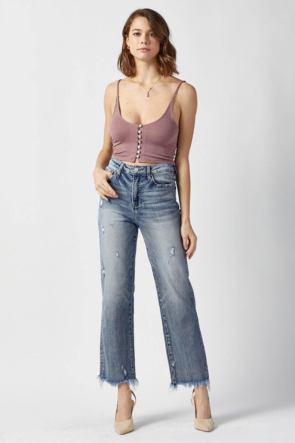 RISEN High Waist Raw Hem Straight Jeans - DaTrendStore.Com