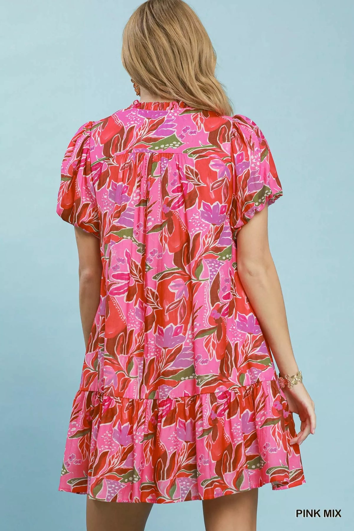 Umgee Tropical Floral Puff Sleeve Tiered Mini Dress - Pink Mix
