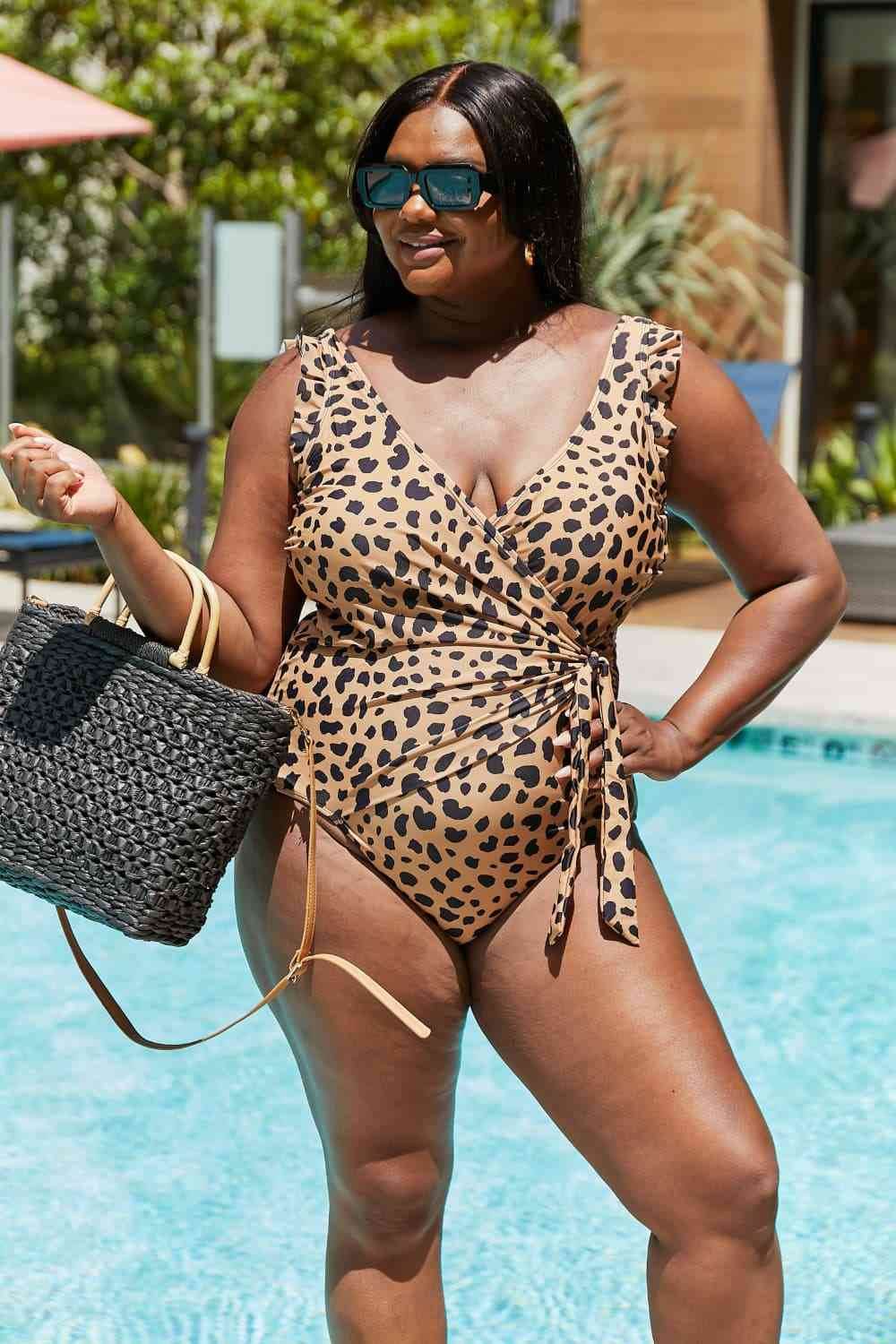 Marina West Swim Full Size Float On Ruffle Faux Wrap One-Piece in Leopard - DaTrendStore.Com
