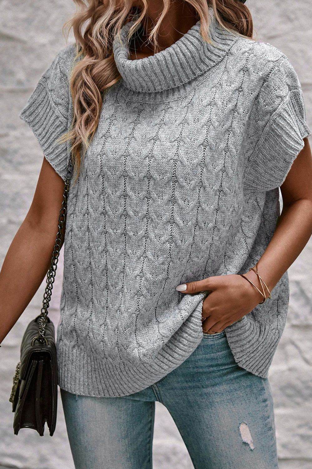 Cable Knit Turtleneck Short Sleeve Sweater - DaTrendStore.Com