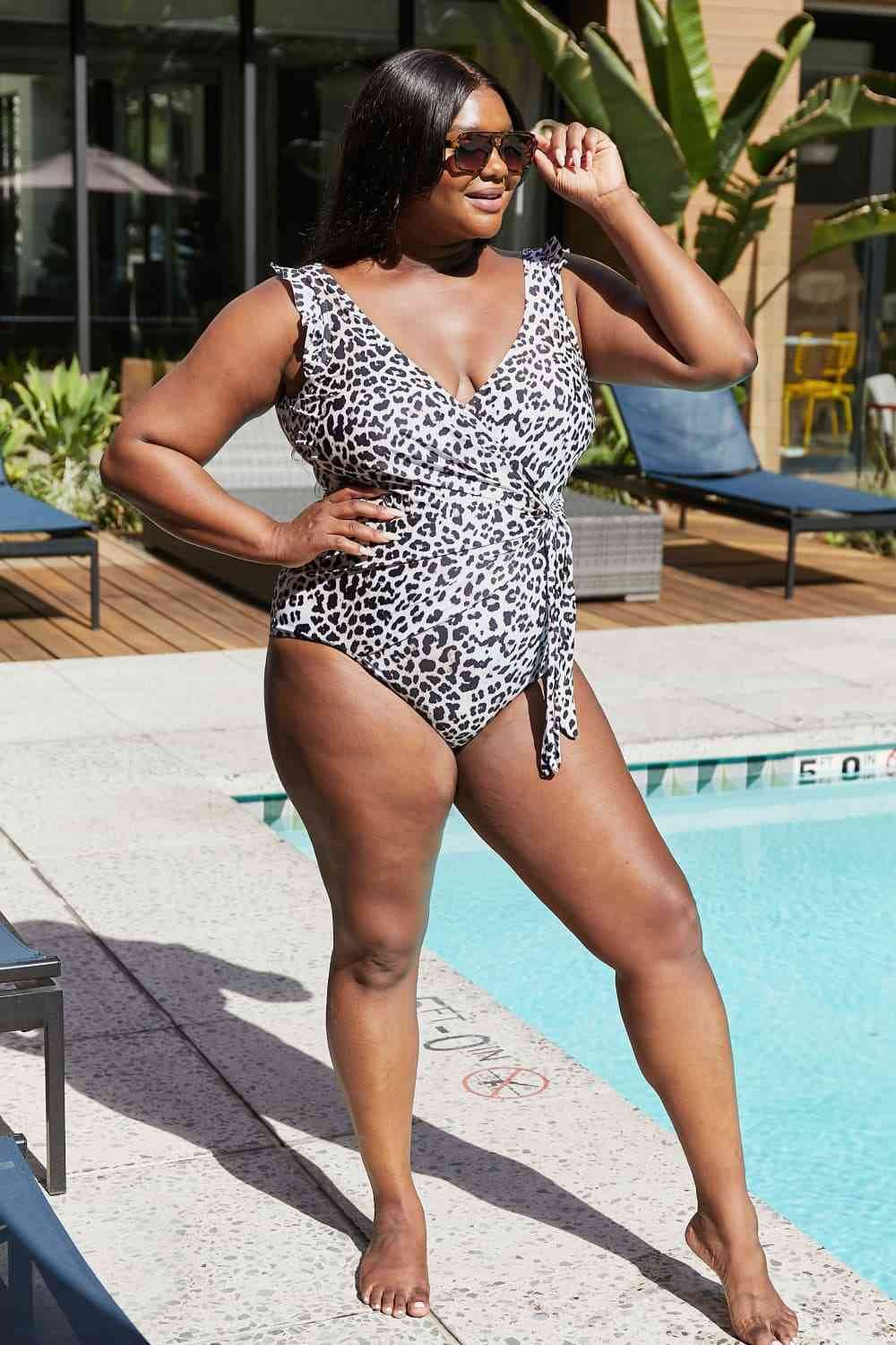 Marina West Swim Full Size Float On Ruffle Faux Wrap One-Piece in Cat - DaTrendStore.Com