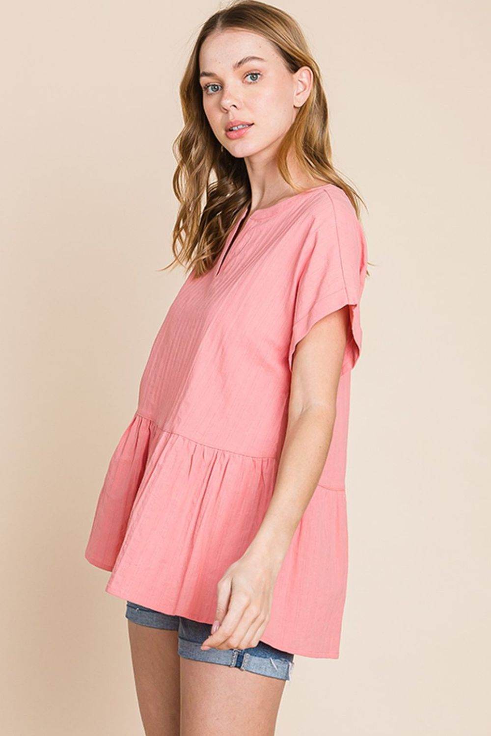 Cotton Bleu by Nu Label Notched Short Sleeve Peplum Top - DaTrendStore.Com