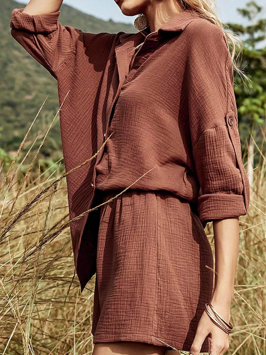 Texture Button Up Shirt and Shorts Set - DaTrendStore.Com
