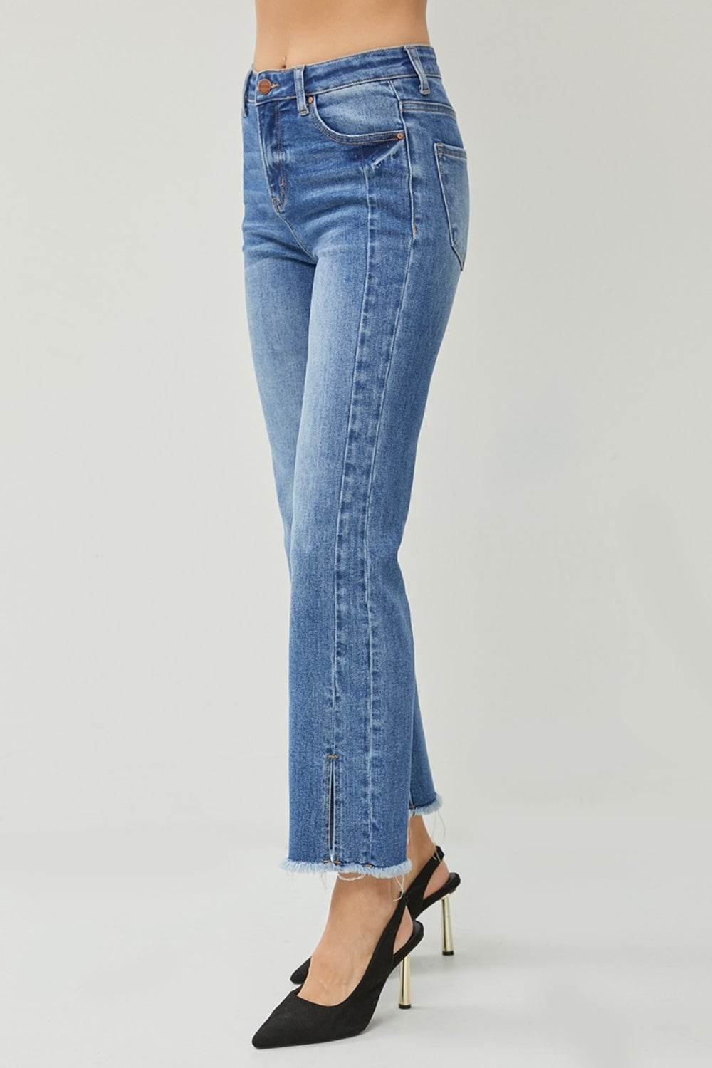 RISEN High Waist Raw Hem Slit Straight Jeans - DaTrendStore.Com