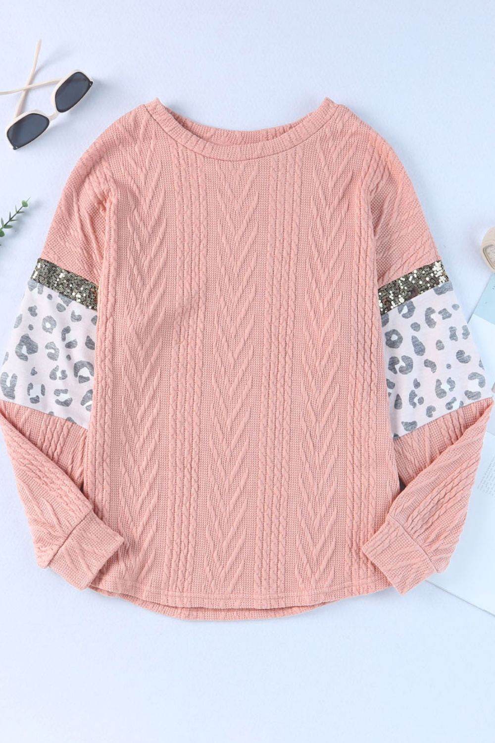 Sequin Leopard Round Neck Long Sleeve Sweater - DaTrendStore.Com