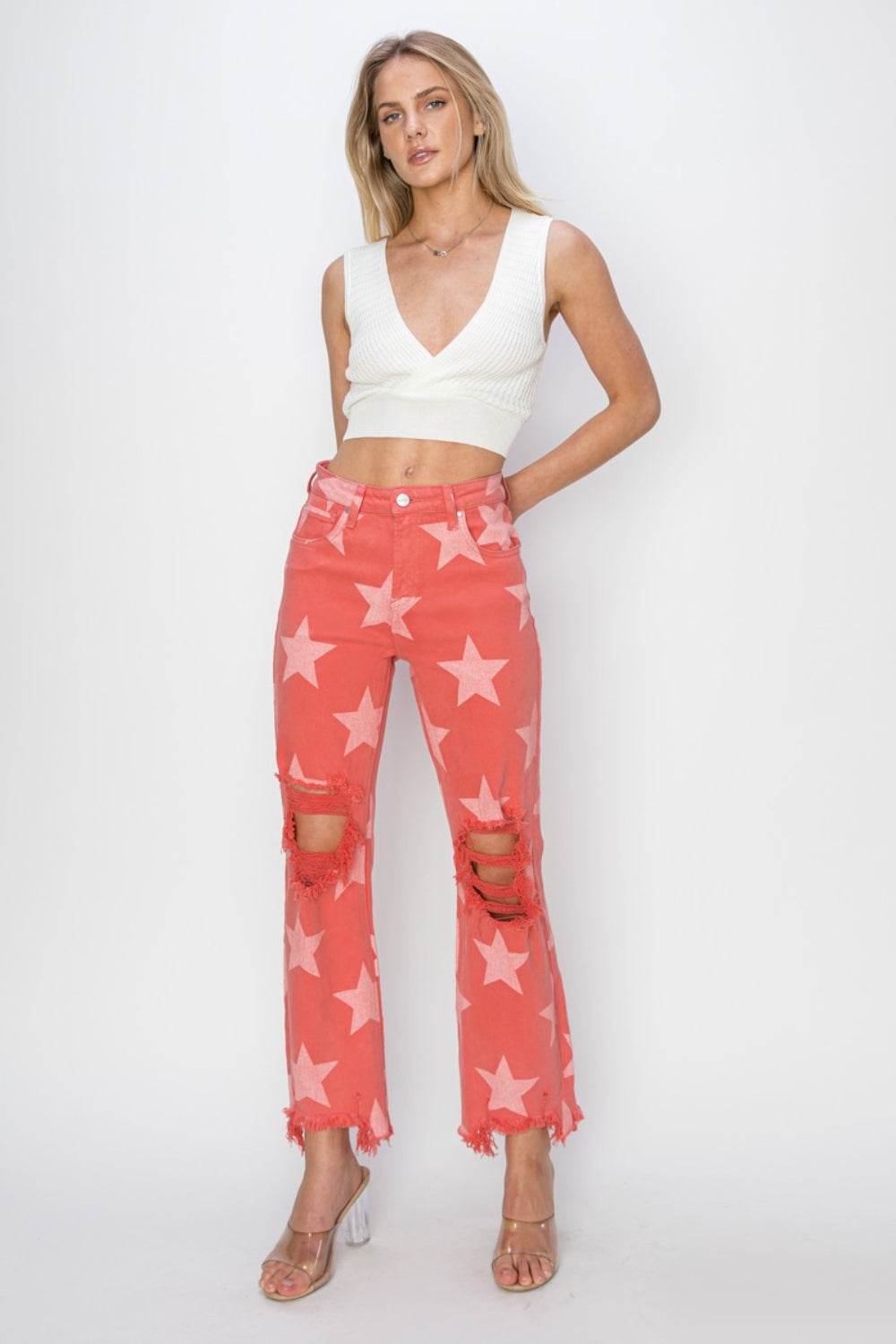 RISEN Full Size Distressed Raw Hem Star Pattern Jeans - DaTrendStore.Com