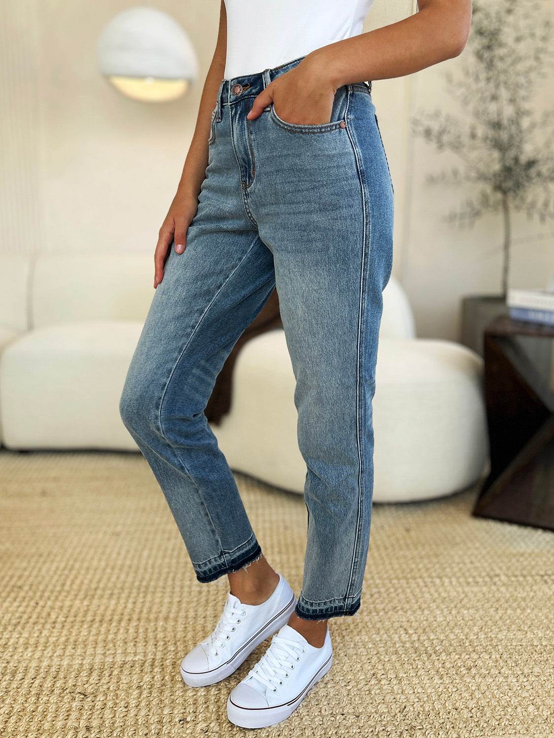 Judy Blue Full Size Mid Rise Rigid Magic Release Hem Jeans - DaTrendStore.Com