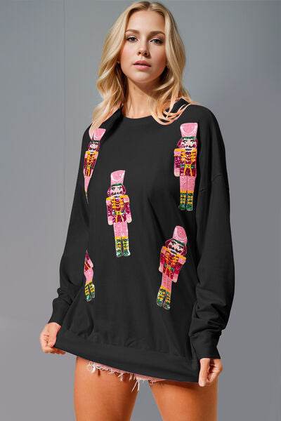 Double Take Sequin Nutcracker Round Neck Long Sleeve Sweatshirt - DaTrendStore.Com