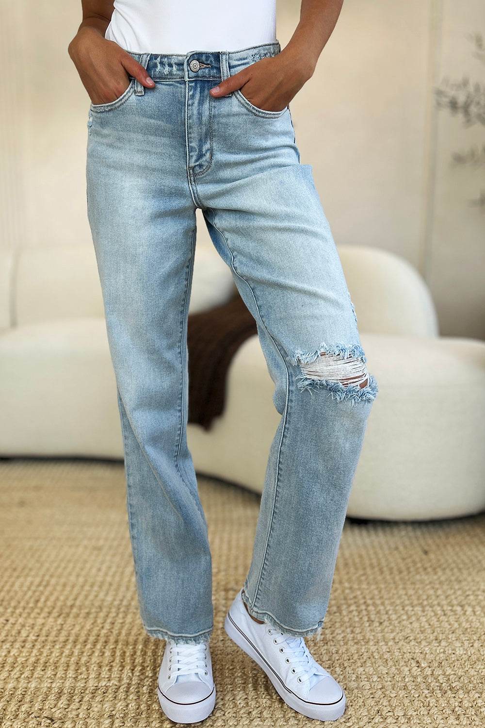 Judy Blue Full Size High Waist Distressed Straight Jeans - DaTrendStore.Com