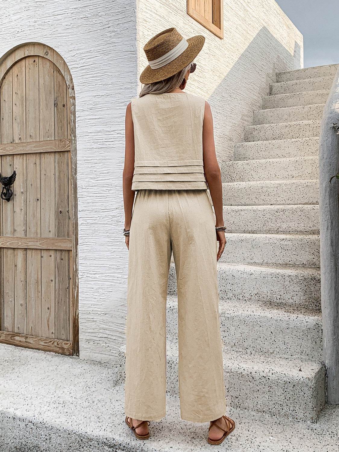 Honey Round Neck Sleeveless Top and Wide Leg Pants Set - DaTrendStore.Com