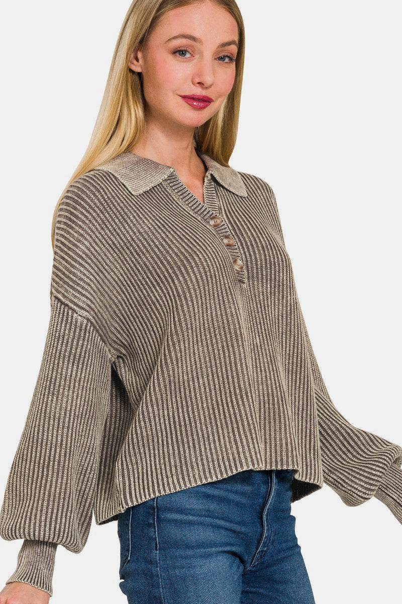 Zenana Washed Half Button Long Sleeve Sweater - DaTrendStore.Com