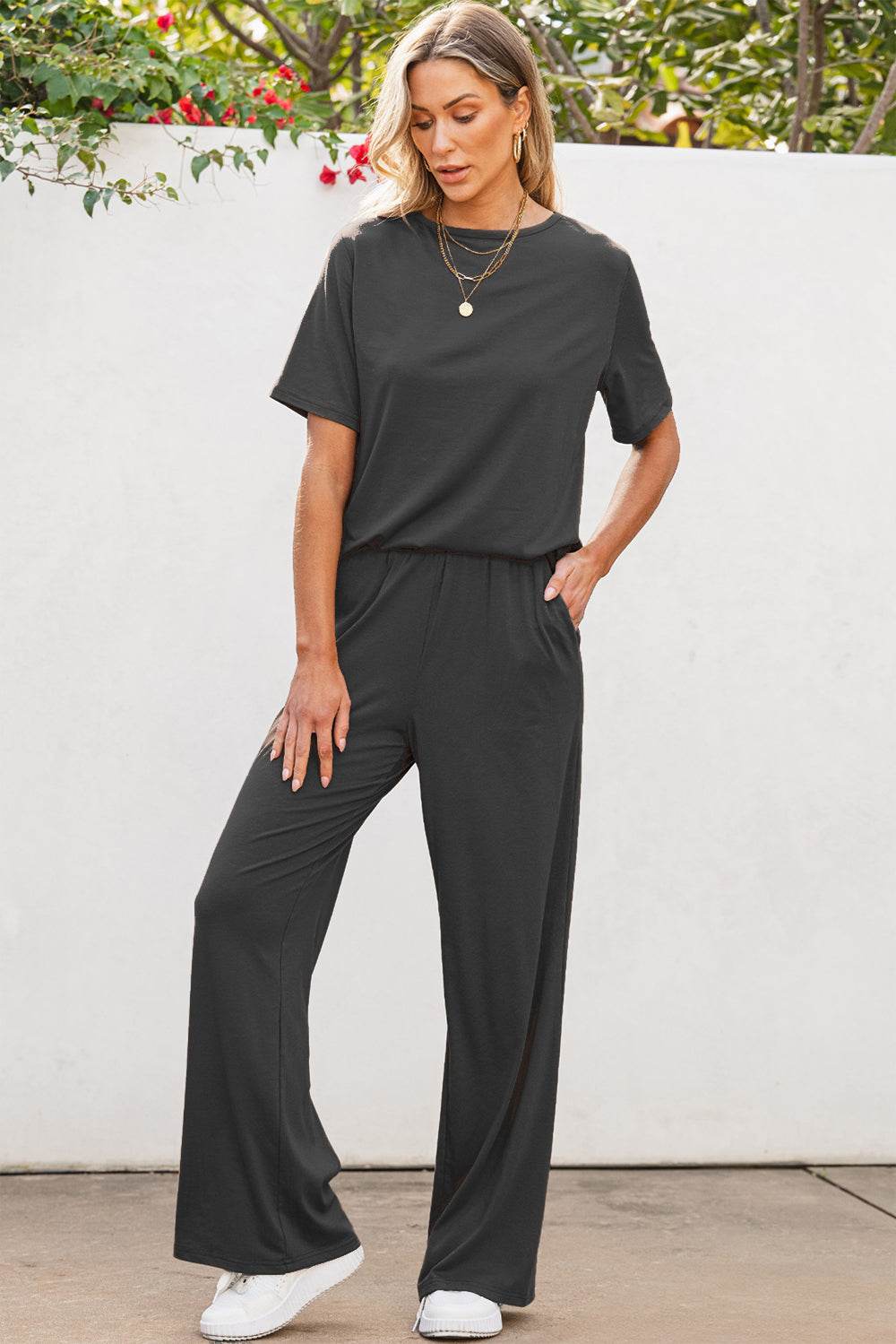 Round Neck Short Sleeve Top and Pants Set - DaTrendStore.Com