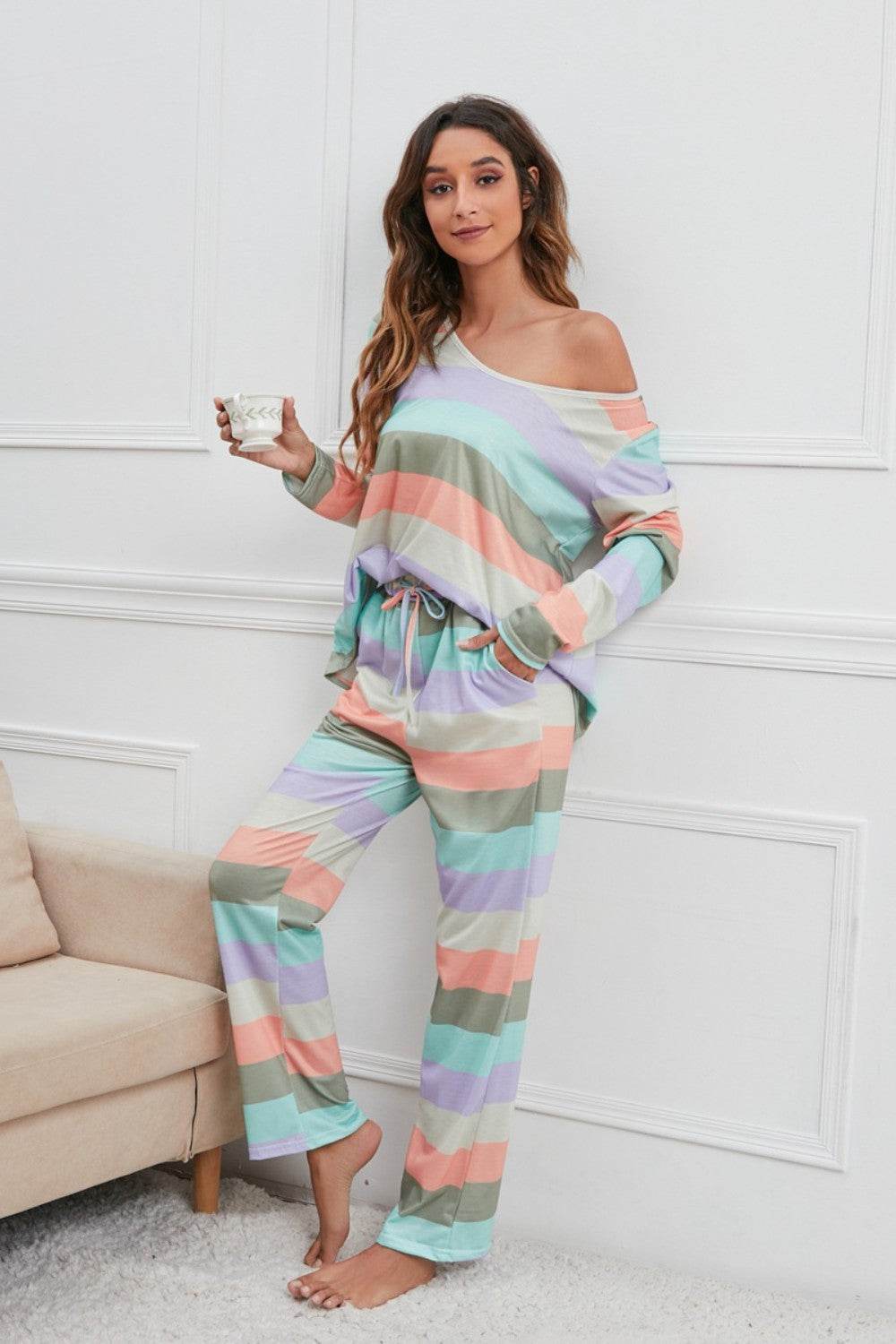 Striped Round Neck Long Sleeve Top and Drawstring Pants Lounge Set - DaTrendStore.Com