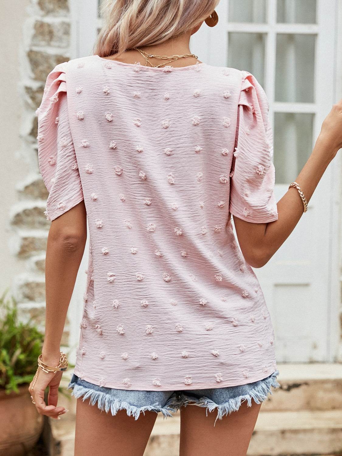 Swiss Dot Short Puff Sleeve Top - DaTrendStore.Com