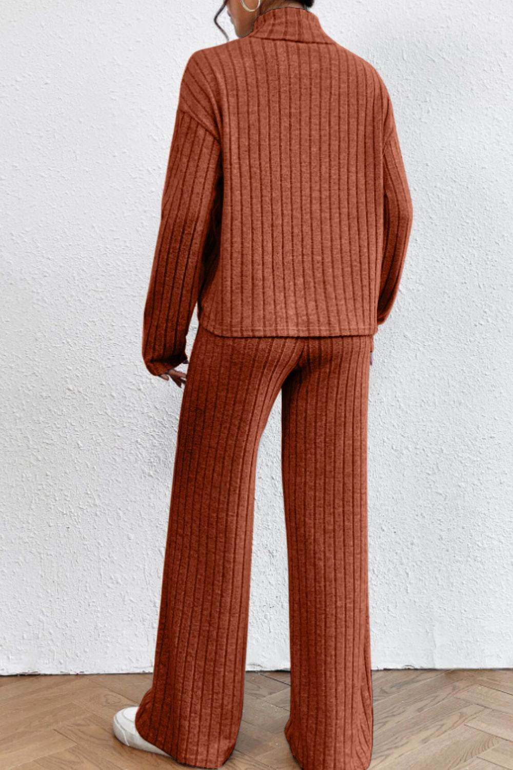Mock Neck Dropped Shoulder Top and Pants Set - DaTrendStore.Com