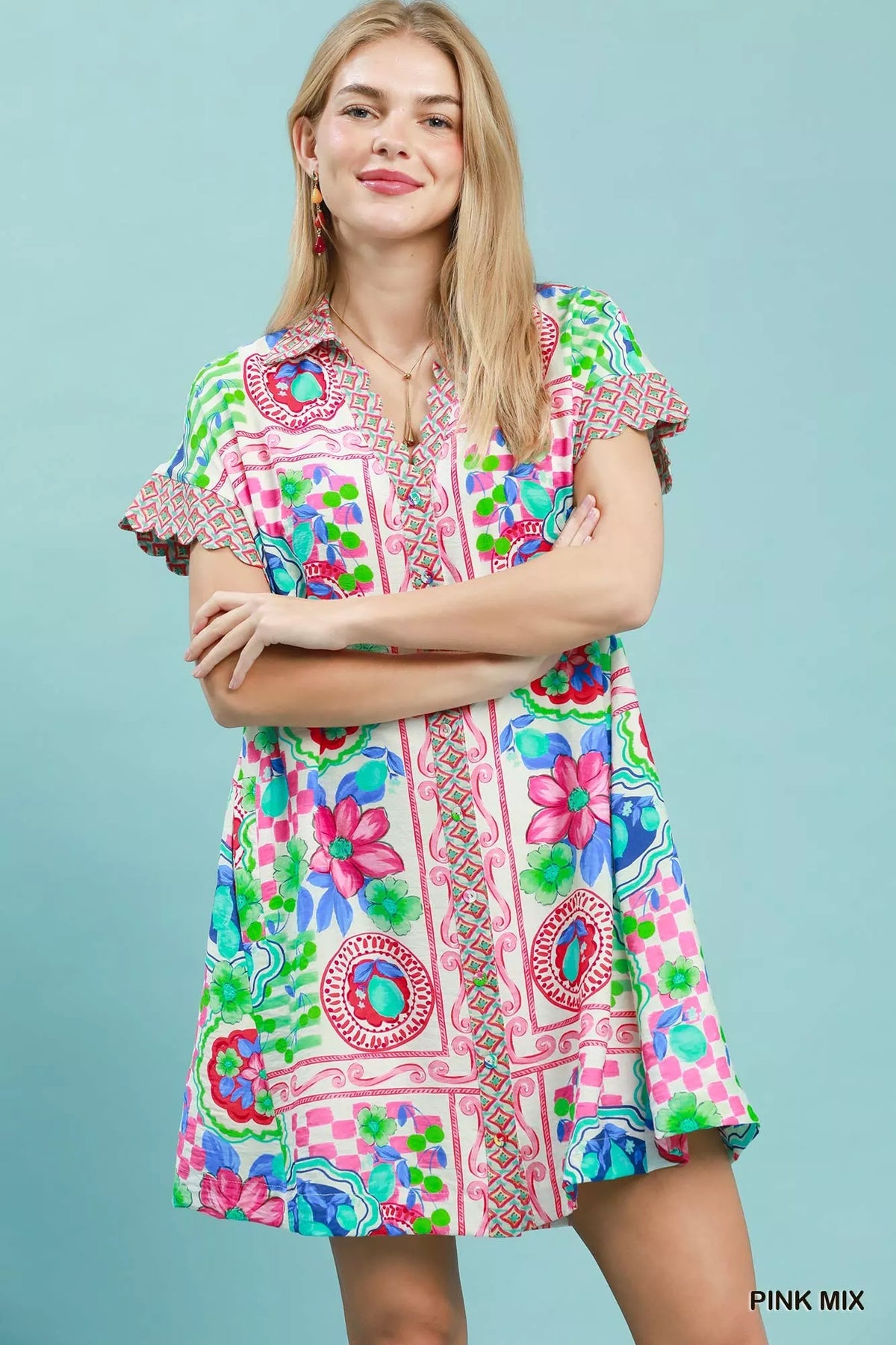 Umgee Mediterranean Print Dress with Contrast Printed Trim - Pink Mix