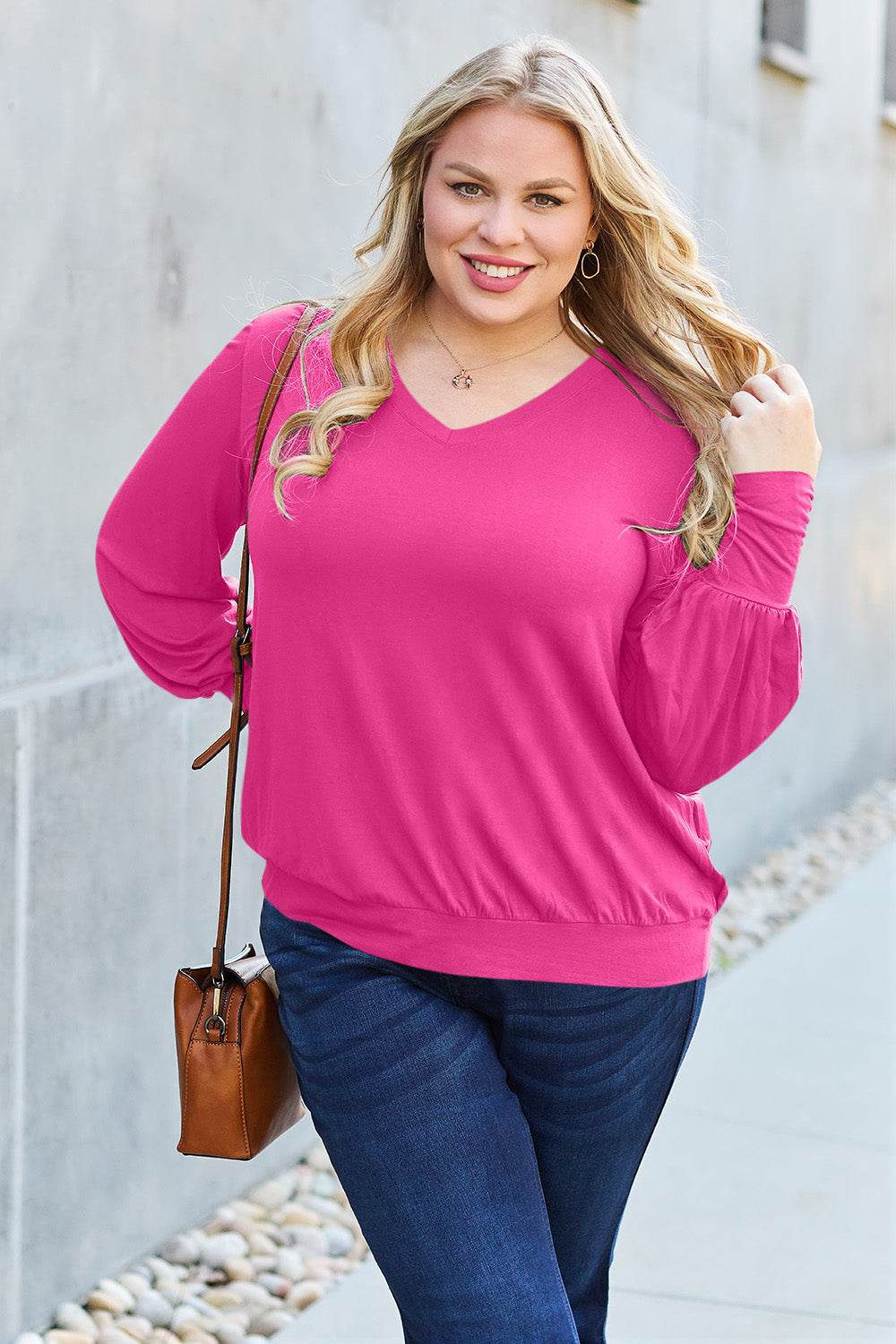 Basic Bae Full Size V-Neck Lantern Sleeve Top - DaTrendStore.Com