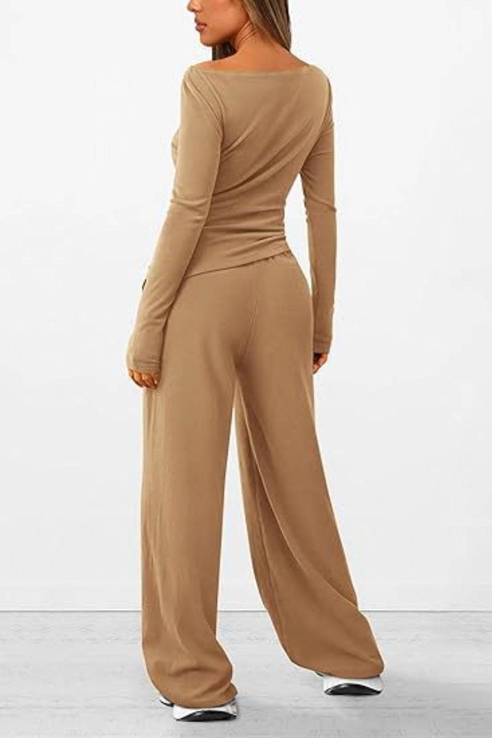 Round Neck Long Sleeve Top and Pants Set - DaTrendStore.Com