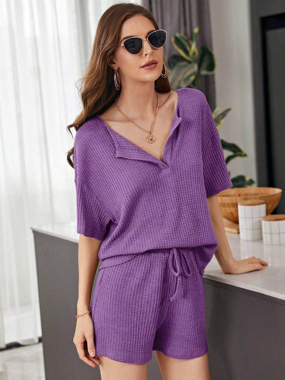 Full Size Waffle-Knit Dropped Shoulder Top and Shorts Set - DaTrendStore.Com