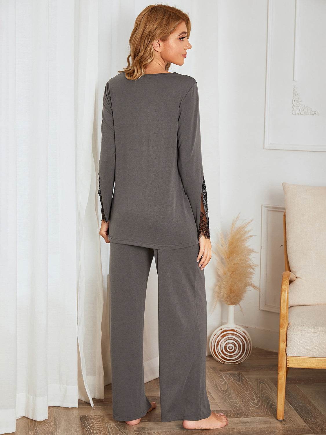 Lace Detail Long Sleeve Top and Pants Lounge Set - DaTrendStore.Com