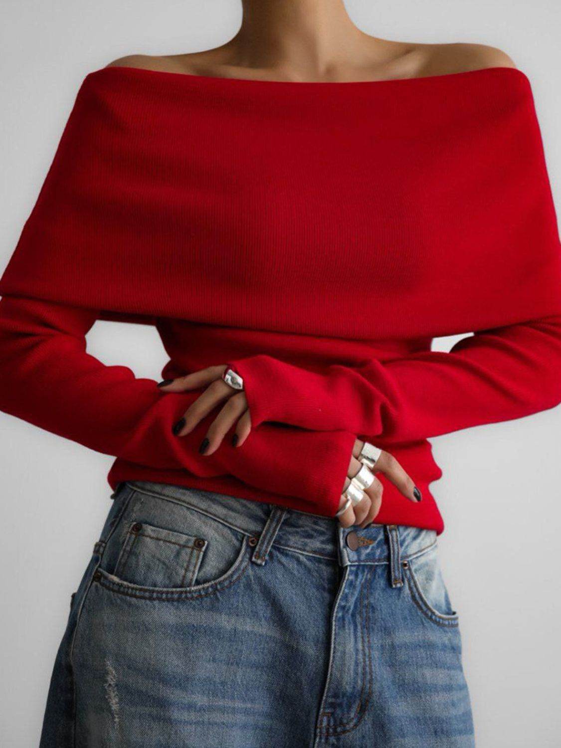 Off-Shoulder Long Sleeve Knit Top - DaTrendStore.Com