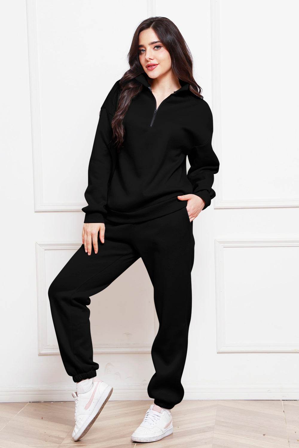 Half Zip Long Sleeve Sweatshirt and Pants Set - DaTrendStore.Com