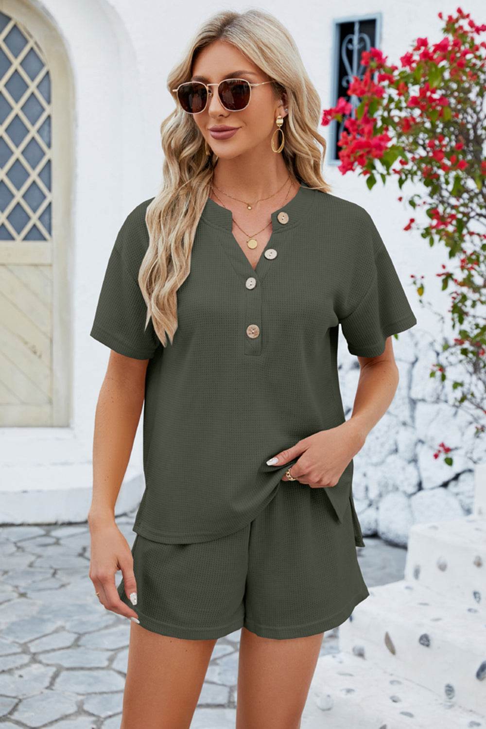 Notched Button Detail Dropped Shoulder Top and Shorts Set - DaTrendStore.Com